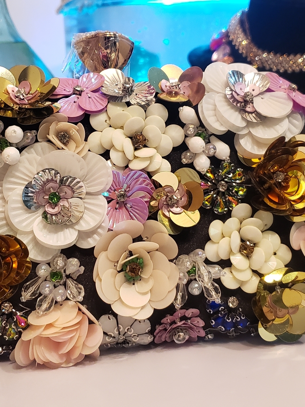 bebe Floral Appliqué Evening Clutch in Black with Pastel Accents - Picture 4 of 12